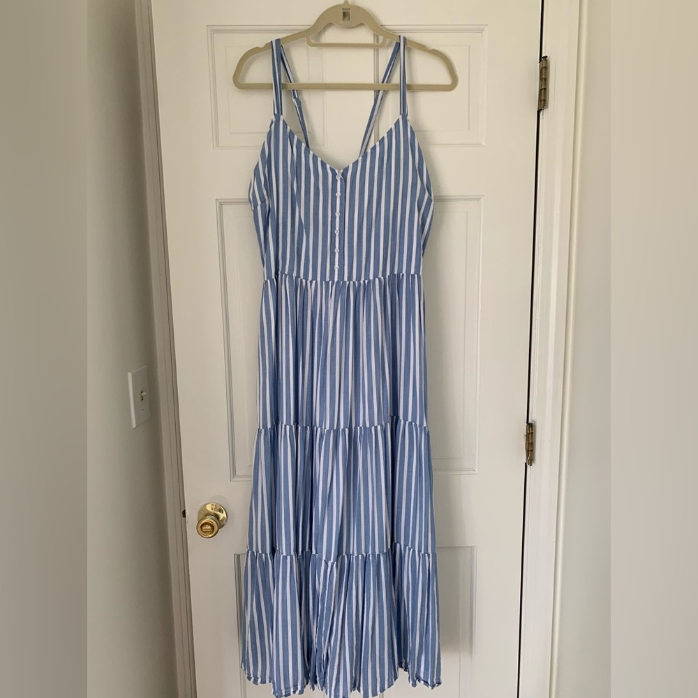 Old Navy Blue & White Vertical Stripe Tiered Maxi Dress